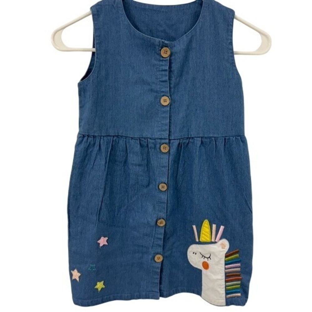 Cotton‎ Denim Button Down Sleeveless Dress w/ Unicorn Embroidery/Stars Girls 6Y